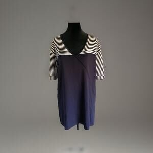 Misook Knit Top, 1X Navy Stripe Classic V-neck Short Sleeve, Old Money, Travel